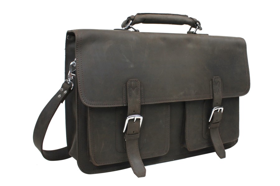 Fit MacBook Pro 17 - Heavy 7 lb LB01.DB Vintage Full Grain Leather 18 Extra Large Pro Leather Briefcase Laptop Bag